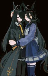 Rule 34 | 2girls, absurdres, ahoge, animal ears, black background, black choker, black coat, black hair, black pantyhose, black shirt, black skirt, blue serafuku, blue thighhighs, blush, bow, bowtie, choker, closed eyes, closed mouth, coat, collared shirt, commentary request, dual persona, earrings, facing viewer, feet out of frame, from side, hair between eyes, hair over one eye, hand in pocket, hand on another&#039;s head, highres, horse ears, horse girl, horse tail, hug, jewelry, light smile, long bangs, long hair, long sleeves, looking at viewer, looking to the side, manhattan cafe (umamusume), multicolored hair, multiple girls, necktie, open clothes, open coat, pantyhose, pleated skirt, school uniform, serafuku, shirt, simple background, single earring, skirt, standing, streaked hair, subaru (user tmwv7722), tail, thighhighs, tracen school uniform, umamusume, white bow, white bowtie, white hair, yellow eyes, yellow necktie