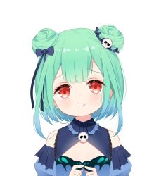Rule 34 | 1girl, bare shoulders, black bow, blue dress, blue sleeves, blush, bow, closed mouth, detached sleeves, deyui, double bun, dress, earrings, fingers together, green hair, hair bow, hair bun, hair ornament, hands up, highres, hololive, jewelry, looking at viewer, puffy sleeves, red eyes, simple background, skull earrings, skull hair ornament, sleeveless, sleeveless dress, solo, sweat, upper body, uruha rushia, uruha rushia (1st costume), virtual youtuber, white background