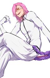 Rule 34 | 1boy, arm at side, bleach, commentary request, crossed legs, from side, glasses, gloves, hair over one eye, hand up, looking at viewer, medium hair, open mouth, pants, pink hair, shirt, simple background, sitting, smile, smirk, solo, soraao0322, szayelaporro granz, teeth, upper teeth only, white-framed eyewear, white background, white gloves, white pants, white shirt, yellow eyes