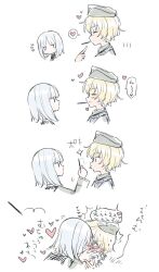 Rule 34 | 2girls, aohashi ame, blonde hair, blush, brave witches, edytha rossmann, food, hat, highres, kiss, looking at another, military hat, military uniform, multiple girls, pocky, short hair, simple background, sketch, uniform, upper body, waltrud krupinski, white background, white hair, world witches series, yuri