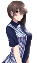 Rule 34 | 10s, 1girl, alternate costume, arms at sides, blouse, breasts, brown eyes, brown hair, employee uniform, highres, kaga (kancolle), kantai collection, large breasts, lawson, long hair, looking at viewer, parted lips, shirt, side ponytail, striped clothes, striped shirt, tai (nazutai), uniform, upper body