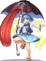 Rule 34 | 1girl, arms up, blue eyes, blue hair, blue skirt, blue vest, commentary request, doyagao, frilled shirt, frills, geta, heterochromia, highres, juliet sleeves, karakasa obake, leg lift, long sleeves, long tongue, open clothes, open mouth, open vest, outstretched hand, piyodesu, puffy sleeves, red eyes, shadow, shirt, short hair, simple background, skirt, smug, solo, sparkle, standing, standing on one leg, tatara kogasa, teeth, toe scrunch, tongue, touhou, sunken fossil world, umbrella, upper teeth only, vest, white background, white shirt