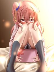Rule 34 | 1girl, 2024, bed sheet, black socks, blue scrunchie, blush, brown background, commentary, covered mouth, crossed bangs, dated commentary, eyelashes, feet out of frame, fingernails, gift, hair between eyes, hair ornament, hair scrunchie, heart, highres, holding, holding gift, hugging own legs, inaba meguru, kneehighs, knees together feet apart, knees up, light particles, long hair, no shoes, one side up, orange hair, red eyes, red ribbon, ribbon, sanoba witch, scrunchie, shy, sidelighting, sidelocks, simple background, siroari 1235, sitting, sleeves past wrists, socks, solo, upturned eyes, valentine