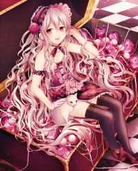 Rule 34 | 1girl, abandon ranka, arm behind head, arm garter, beads, black thighhighs, blush, bow, cat, chain, checkered floor, dress, floor, frills, gem, headband, heart, highres, long hair, looking at viewer, md5 mismatch, open mouth, original, pink eyes, pink hair, ribbon, shoes, single shoe, sitting, skirt, smile, solo, thighhighs, treasure chest, very long hair