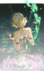 Rule 34 | 1girl, armlet, bare shoulders, blonde hair, blurry, bob cut, bracelet, braid, crown braid, day, depth of field, dress, earrings, from above, from behind, glint, hand up, hashtag-only commentary, highres, holding, jewelry, letterboxed, nature, necklace, nintendo, pendant, pointy ears, princess zelda, short hair, shule de yu, solo, standing, strapless, strapless dress, the legend of zelda, the legend of zelda: tears of the kingdom, wading, water, white dress