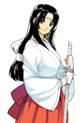 Rule 34 | 00s, 1girl, black hair, headband, japanese clothes, katana, long hair, low-tied long hair, lowres, miko, musha miko tomoe, oda non, queen&#039;s blade, sheath, sheathed, simple background, solo, sword, tomoe (queen&#039;s blade), tomoe (queen's blade), weapon