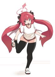 Rule 34 | 1girl, absurdres, black thighhighs, blue archive, buruma, demon girl, demon horns, fang, gym uniform, highres, horns, junko (blue archive), mabufuyo, official alternate costume, one side up, panties, panties under buruma, putting on footwear, red eyes, red hair, shirt, shoes, solo focus, sweatdrop, thick thighs, thighhighs, thighs, twintails, underwear, white background, white shirt, wings