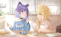 Rule 34 | 2girls, animal ear fluff, animal ears, window blinds, blonde hair, blue bow, blue eyes, blue shirt, blurry, blurry background, bow, brown jacket, camisole, cellphone, commentary request, couch, day, depth of field, fang, food, fork, hair bow, hair ornament, hairband, hairclip, hand up, holding, holding fork, holding knife, indoors, jacket, knife, long sleeves, menu, multiple girls, off shoulder, on couch, open clothes, open jacket, open mouth, pancake, phone, profile, puffy long sleeves, puffy sleeves, purple hair, rukiroki, saeki sora, sasugano roki, sasugano ruki, shirt, short hair, siblings, sisters, sleeves past wrists, spoon, twins, virtual youtuber, white camisole, white hairband, window