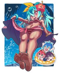 Rule 34 | 10s, 4girls, :d, barefoot, beachhime, bikini, black bikini, blue bikini, blue hair, blush, blush stickers, bow, bracelet, chibi, clothes lift, commentary, eyelashes, feet, flower, foot focus, from below, fubukihime, gashi-gashi, green eyes, hair bow, hair flower, hair ornament, hibiscus, hyakkihime, innertube, jewelry, long hair, looking at viewer, looking down, multicolored hair, multiple girls, navel, ocean, open mouth, outstretched arms, pendant, pink eyes, pink hair, ponytail, purple eyes, purple hair, red bikini, sarong, sarong lift, sky, smile, soles, star (symbol), string bikini, striped bikini, striped clothes, sweat, swim ring, swimsuit, tan, teeth, toes, towel around waist, traditional youkai, tsubakihime (youkai watch), water, water drop, wet, youkai watch