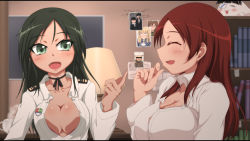 Rule 34 | 2girls, black hair, blonde hair, breasts, brown hair, censored, cleavage, fang, francesca lucchini, gen 1 pokemon, gertrud barkhorn, green eyes, hijikata keisuke, identity censor, large breasts, minna-dietlinde wilcke, monizumi ishikawa, multiple girls, aged up, open clothes, open shirt, perrine h. clostermann, photo (object), pikachu, pokemon, pokemon (creature), red hair, sakamoto mio, shirt, strike witches, world witches series