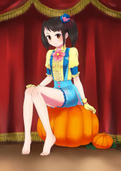 Rule 34 | 1girl, alternate hairstyle, arm at side, barefoot, black hair, breasts, brown eyes, curtains, eyelashes, feet, female focus, full body, gloves, hair ornament, hand on own knee, happy, hat, idol, idolmaster, idolmaster cinderella girls, legs, long hair, looking at viewer, nakano yuka, namco, neck, overall shorts, overalls, pumpkin, shinkai kiiro, shiny clothes, shiny skin, short sleeves, side bangs, sidelocks, sitting, small breasts, smile, stage, tiptoes, toenails, toes, top hat, twintails