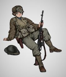 Rule 34 | 1girl, absurdres, automatic rifle, boots, brown footwear, brown hair, brown hat, brown jacket, browning automatic rifle, closed mouth, commentary, commission, english commentary, gaiters, green eyes, grey pants, gun, hat, hearts of iron, helmet, highres, holding, holding gun, holding weapon, holster, invisible chair, jacket, kaiserreich, light machine gun, long sleeves, looking at viewer, m1918 bar, machine gun, military, military hat, military uniform, original, pants, pouch, remora25, short hair, simple background, sitting, solo, squad automatic weapon, star (symbol), uniform, united states, unworn headwear, unworn helmet, weapon, white background, zipper, zipper pull tab