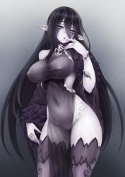 Rule 34 | 1girl, banshee (monster girl encyclopedia), barbariank, black hair, blue eyes, breasts, covered erect nipples, covered navel, crossed bangs, detached sleeves, dress, finger to mouth, furrowed brow, goth fashion, gothic, gradient background, hair between eyes, half-closed eyes, highres, large breasts, long hair, looking at viewer, monster girl encyclopedia, navel, open mouth, pelvic curtain, pointy ears, revealing clothes, runny makeup, see-through, side slit, sidelocks, simple background, sleeveless, sleeveless dress, solo, taut clothes, taut dress, thighhighs, thighs, very long hair, wide sleeves