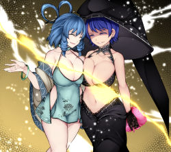 Rule 34 | 2girls, ^ ^, adapted costume, aoshima, aqua dress, asymmetrical docking, bangle, bare arms, bare shoulders, black gloves, black headwear, black skirt, blob, blue eyes, blue hair, bracelet, breast press, breasts, cleavage, closed eyes, collarbone, commentary request, cowboy shot, detached sleeves, doremy sweet, dress, drill hair, drill sidelocks, ear piercing, earrings, facing another, floral print, gloves, gradient background, grey background, grin, hair ornament, hair rings, hair stick, halterneck, hand up, highres, holding, jewelry, kaku seiga, large breasts, light particles, long sleeves, multiple girls, navel, parted lips, piercing, short dress, short hair, sidelocks, skirt, smile, standing, stomach, stud earrings, thighs, touhou, wide sleeves, yellow background