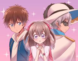 Rule 34 | 1girl, 2boys, blue eyes, brown hair, cape, character request, closed mouth, delicious party precure, grey hair, hair between eyes, hakuchuu, hat, highres, hood, hoodie, jitome, long hair, looking at viewer, multiple boys, nagomi yui, onigiri print, own hands clasped, own hands together, pink background, precure, purple eyes, shinada takumi, sparkle, two side up, visor, watch, white cape, white headwear, wristwatch
