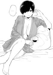 Rule 34 | ..., 1girl, absurdres, barefoot, breasts, cleavage, commentary, cup, dressing gown, drinking glass, earrings, english commentary, greyscale, highres, jewelry, large breasts, looking at viewer, monochrome, no bra, norman maggot, olive laurentia, open clothes, original, pixie cut, shirt, short hair, simple background, sitting, solo, speech bubble, spoken ellipsis, white background, wine glass