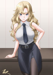 Rule 34 | 1girl, belt, black necktie, black pantyhose, black skirt, blonde hair, breasts, commentary request, cowboy shot, desk, dress shirt, grey eyes, highres, hornet (kancolle), kantai collection, large breasts, long hair, looking at viewer, necktie, pantyhose, pencil skirt, shirt, simple background, skirt, sleeveless, sleeveless shirt, solo, t2r, white background, white shirt