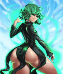 Rule 34 | 1girl, ass, bare legs, black dress, closed mouth, cloud, cowboy shot, curly hair, curvy, day, dress, from behind, glowing, green eyes, green hair, highres, huge ass, long sleeves, looking back, matching hair/eyes, one-punch man, ourobot, shiny skin, short hair, sky, solo, standing, tatsumaki, wide hips