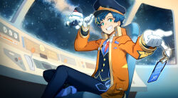 Rule 34 | 1boy, aqua eyes, astel leda, black hat, black jacket, black pants, blonde hair, blue hair, chair, cockpit, creature, figure four sitting, foot out of frame, gloves, grin, hand on headwear, hat, highres, holostars, index finger raised, jacket, lapels, looking at viewer, male focus, mono (bluesky), multicolored hair, necktie, notched lapels, open clothes, open jacket, orange jacket, pants, peaked cap, poruneu, red necktie, shirt, short hair, sitting, sky, smile, solo, spacecraft interior, star (sky), starry sky, streaked hair, swept bangs, ticket, virtual youtuber, white gloves, white shirt