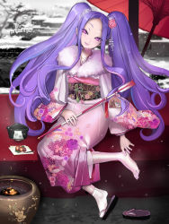 Rule 34 | 1girl, arrow (projectile), barefoot, big hair, fate/grand order, fate (series), feet, floral print, flower, food, full body, fur trim, furisode, hair flower, hair ornament, hamaya, holding, holding arrow, japanese clothes, kanzashi, kimono, long hair, long sleeves, looking at viewer, obi, oil-paper umbrella, parted lips, pink eyes, pink kimono, pinkjoe, purple hair, sandals, sash, sitting, smile, snow, socks, solo, toes, twintails, umbrella, very long hair, wide sleeves, wu zetian (fate)