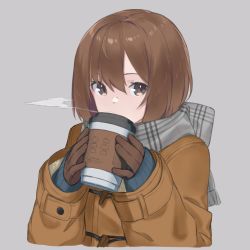 Rule 34 | 1girl, blue sweater, brown coat, brown eyes, brown hair, coat, coffee cup, commentary request, covered mouth, cropped torso, cup, disposable cup, fhang, fringe trim, grey background, grey scarf, hair between eyes, hands up, holding, holding cup, long sleeves, looking at viewer, original, scarf, simple background, sleeves past wrists, solo, steam, sweater, upper body