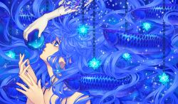 Rule 34 | 1girl, air bubble, apple, arowana, blue eyes, blue hair, blue nails, blue theme, broken, bubble, chain, crack, earrings, fish, floating hair, food, fruit, gem, hands up, highres, jewelry, long hair, looking up, minami (minami373916), nail polish, original, parted lips, profile, small stellated dodecahedron, solo, sparkle, surreal, upper body