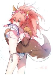 Rule 34 | 1girl, animal ears, animal hands, ass, bare shoulders, bikini, blush, breasts, brown eyes, closed mouth, fang, fate/grand order, fate (series), fish, flower, food in mouth, fox ears, fox girl, fox tail, gloves, hair between eyes, hair flower, hair ornament, hanagata, high ponytail, long hair, looking at viewer, looking to the side, medium breasts, mouth hold, paw gloves, pink hair, ponytail, red flower, side-tie bikini bottom, simple background, solo, swimsuit, tail, tamamo (fate), tamamo cat (fate), v-shaped eyebrows, white background, white bikini