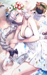 Rule 34 | 1girl, absurdres, anastasia (fate), anastasia (swimsuit archer) (fate), anastasia (swimsuit archer) (second ascension) (fate), bare shoulders, blue eyes, blush, bow, braid, breasts, cleavage, collarbone, doll, dress, dress swimsuit, fate/grand order, fate (series), flower wreath, grin, hair bow, hair over one eye, hane yuki, head wreath, highres, huge filesize, ice, large breasts, long hair, looking at viewer, ocean, shore, silver hair, smile, starfish, thighs, twin braids, very long hair, viy (fate), white dress