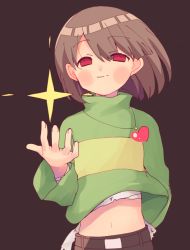 Rule 34 | 1other, bandages, belly, blush stickers, brown hair, brown pants, chara (undertale), checkpoint, green shirt, half-closed eyes, hand up, heart, heart necklace, jewelry, long sleeves, looking at viewer, navel, necklace, pants, red eyes, shirt, short hair, smile, star (symbol), striped clothes, striped shirt, undertale, xox xxxxxx
