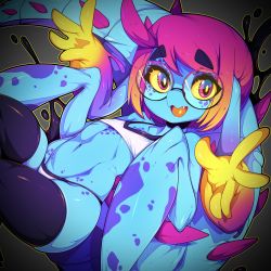 Rule 34 | 1girl, absurdres, black thighhighs, blue skin, colored sclera, colored skin, commentary, cteno (slugbox), english commentary, flat chest, glasses, head arms, highres, looking at viewer, monster girl, navel, open mouth, original, pink hair, red eyes, round eyewear, short hair, slugbox, smile, solo, tail, thick eyebrows, thighhighs, yellow sclera