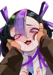 Rule 34 | 1girl, absurdres, black hair, blush, cheek squash, goddess of victory: nikke, hands on another&#039;s cheeks, hands on another&#039;s face, head tilt, highres, long sleeves, looking at viewer, multicolored hair, open mouth, pov, pov hands, purple eyes, purple hair, short hair, simple background, smile, squeezing, streaked hair, syuen (nikke), tngkbmarlon, wavy mouth, white background