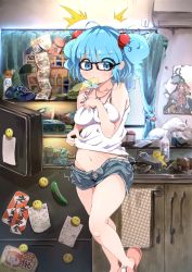 Rule 34 | 00s, 1girl, ^^^, ahoge, air conditioner, animal slippers, bare legs, belly, belly grab, bespectacled, black-framed eyewear, blue eyes, blue hair, bottle, breast press, breasts, bunny slippers, cabinet, calbee (potato chips), cellphone, cigarette pack, covered erect nipples, covering privates, covering breasts, cucumber, curtains, denim, denim shorts, eating, face of the people who sank all their money into the fx (meme), faucet, flanvia, flcl, food, gari gari-kun, glasses, haagen-dazs, hair bobbles, hair ornament, haruhara haruko, highres, indoors, jewelry, kawashiro nitori, kitchen, looking at viewer, magnet, matching hair/eyes, medium breasts, meme, messy room, midriff, mouth hold, nandaba naota, navel, necklace, no headwear, no headwear, no socks, note, open fly, panties, phone, pinching, plump, pocky, polka dot, poster (object), refrigerator, refrigerator magnet, short shorts, shorts, side-tie panties, sink, sleeveless, slippers, smartphone, smiley face, snack, solo, spring onion, standing, standing on one leg, surprised, sweat, tank top, touhou, towel, tupet, twintails, two side up, underwear, window