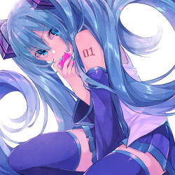 Rule 34 | 1girl, blue eyes, blue hair, blue nails, blue skirt, blue sleeves, blue thighhighs, detached sleeves, floating hair, hair between eyes, hair ornament, hatsune miku, highres, holding, kneeling, long hair, long sleeves, looking at viewer, miniskirt, nail polish, nuko 0108, pleated skirt, simple background, skirt, solo, thighhighs, v-shaped eyebrows, very long hair, vocaloid, white background, zettai ryouiki