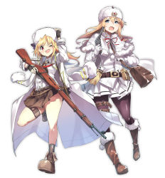 Rule 34 | 2girls, ammunition pouch, bag, belt, black gloves, black legwear, blonde hair, blue eyes, blush, bolt action, boots, bow, brown bag, brown footwear, brown skirt, buckle, buttons, capelet, coat, collared jacket, collared shirt, cross, cross-laced footwear, eyes visible through hair, fingerless gloves, floating hair, full body, fur-trimmed boots, fur-trimmed capelet, fur-trimmed coat, fur hat, fur trim, gas-seal revolver, girls&#039; frontline, gloves, gun, hair bow, hair ornament, hair ribbon, hat, highres, holding, holding bag, holding clothes, holding hat, holding weapon, iron cross, jacket, jewelry, knee boots, lace-up boots, leg up, long hair, long sleeves, mid-stride, military, military jacket, military uniform, mosin-nagant, mosin-nagant (girls&#039; frontline), multiple girls, nagant m1895, nagant revolver (girls&#039; frontline), necklace, one eye closed, open clothes, open coat, open mouth, pantyhose, pleated skirt, pouch, red bow, red eyes, red ribbon, revolver, ribbon, rifle, shawl, shirt, simple background, skirt, sleeve cuffs, sleeves rolled up, smile, strap, tareme, thigh strap, thighhighs, thighs, trigger discipline, twin (tt lsh), uniform, ushanka, weapon, white background, white gloves, white jacket, white shirt, white skirt, wind, wind lift