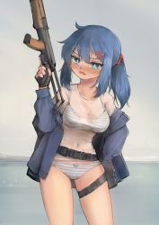 Rule 34 | 1girl, akm, akms, assault rifle, belt, black belt, blue eyes, blue hair, blue jacket, blush, borrowed character, bra, bright pupils, buckle, covered navel, gun, hair ornament, hairclip, highres, holding, holding gun, holding weapon, jacket, kalashnikov rifle, leaning to the side, off shoulder, original, panties, ponytail, pouch, rifle, see-through, see-through shirt, sidelocks, skindentation, snap-fit buckle, solo, striped bra, striped clothes, striped panties, thigh pouch, thigh strap, trigger discipline, underwear, weapon, white pupils, xerbatt