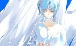 Rule 34 | 1girl, blanket, blue hair, blue sky, blue theme, closed eyes, closed mouth, day, facing viewer, feathers, hospital gown, laundry, light particles, long sleeves, original, partially unbuttoned, saldong, short hair, sky, smile, solo, upper body, wind