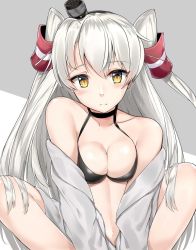 Rule 34 | 10s, 1girl, amatsukaze (kancolle), bad id, bad pixiv id, bare shoulders, bikini, bikini top only, bikini under clothes, black bikini, blush, breasts, choker, cleavage, closed mouth, collarbone, fang, fang out, frown, grey background, grey jacket, hair tubes, hairband, highres, jacket, kantai collection, knees up, long hair, long sleeves, looking at viewer, medium breasts, navel, off shoulder, silver hair, slit pupils, solo, stomach, suzuharu toufu, swimsuit, two-tone background, two side up, very long hair, white background, yellow eyes