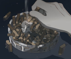 Rule 34 | 2boys, absurdres, ashes, ashtray, avogado6, barefoot, black pants, cigarette, cigarette butt, dirty, dirty clothes, grey hair, highres, in container, long sleeves, mini person, miniboy, multiple boys, original, pants, reflection, reflective table, reverse ryona, smoke, tears