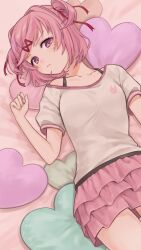 Rule 34 | 1girl, :&lt;, arm at side, bed sheet, blush, bra strap, breasts, cat symbol, closed mouth, collarbone, commentary, cowboy shot, curled fingers, doki doki literature club, dutch angle, frilled skirt, frills, hair ornament, hair ribbon, hand up, heart, highres, light frown, looking at viewer, lying, natsuki (doki doki literature club), off shoulder, on back, on bed, pillow, pink eyes, pink hair, pink skirt, red ribbon, ribbon, ryo (tmsm7885), shirt, short hair, short sleeves, single bare shoulder, skirt, small breasts, solo, swept bangs, tsundere, two side up, v-shaped eyebrows, white shirt, x hair ornament