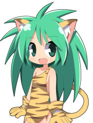 Rule 34 | 1girl, :d, animal ears, animal hands, animal print, bare shoulders, blush, cham cham, collarbone, commentary request, covered navel, fang, gloves, green eyes, green hair, hair between eyes, long hair, open mouth, osaragi mitama, paw gloves, samurai spirits, simple background, smile, solo, tail, tiger ears, tiger girl, tiger print, tiger tail, very long hair, white background