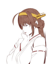 Rule 34 | 1girl, ahoge, bare shoulders, brown hair, grey eyes, hairband, headgear, ishii hisao, kantai collection, kongou (kancolle), long hair, looking down, nontraditional miko, parted lips, partially colored, simple background, solo, upper body, white background