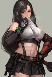 Rule 34 | 1girl, abs, black hair, crop top, final fantasy, final fantasy vii, final fantasy vii remake, highres, long hair, looking at viewer, low-tied long hair, materia, miche, miniskirt, muscular, muscular female, single arm guard, skirt, solo, standing, suspender skirt, suspenders, tank top, tifa lockhart, toned, white tank top, wiping face