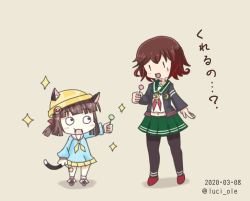 Rule 34 | 2girls, animal ears, azur lane, bell, black legwear, blue jacket, blue shirt, brown hair, candy, cat ears, cat tail, commentary request, crescent, crescent pin, crossover, dated, ears through headwear, food, gradient hair, green sailor collar, green skirt, hat, height difference, highres, historical name connection, holding, holding candy, holding food, holding lollipop, jacket, kantai collection, kindergarten uniform, lollipop, luci ole, multicolored hair, multiple girls, mutsuki (azur lane), mutsuki (kancolle), mutsuki face (azur lane), mutsuki kai ni (kancolle), name connection, navel, neckerchief, one-hour drawing challenge, pantyhose, pleated skirt, red hair, red neckerchief, sailor collar, school hat, school uniform, serafuku, shirt, short hair, skirt, sparkle, standing, tail, tail bell, tail ornament, twitter username, yellow headwear, yellow skirt