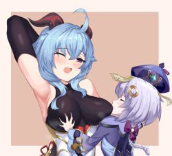 Rule 34 | 2girls, ;d, absurdres, ahoge, arm up, armpits, blue hair, blush, bodysuit, bow, braid, braided ponytail, grabbing another&#039;s breast, breast sucking, breast sucking through clothes, breasts, closed eyes, ganyu (genshin impact), genshin impact, goat horns, grabbing, hair bow, hair ornament, hat, highres, horns, jiangshi, large breasts, multiple girls, mz (yeye ai chipao mian), one eye closed, open mouth, purple hair, qingdai guanmao, qiqi (genshin impact), skin tight, sleeveless, smile, upper body
