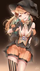 Rule 34 | 1girl, absurdres, alternate eye color, animal ears, arm behind back, bare shoulders, bow, bowtie, breasts, cat ears, cleavage, contrapposto, corset, cowboy shot, dress, food, green hair, halloween, halloween costume, hat, head tilt, highres, hololive, hololive english, kemonomimi mode, large breasts, long hair, looking at viewer, maka aratame, multicolored hair, open mouth, orange eyes, orange hair, short shorts, shorts, single thighhigh, smile, solo, straight-on, striped bow, striped bowtie, striped clothes, takanashi kiara, thigh gap, thighhighs, two-tone hair, virtual youtuber, witch, witch hat
