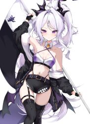 Rule 34 | 1girl, absurdres, belt, black belt, black gloves, black horns, black jacket, black thighhighs, black wings, blue archive, blush, cellphone, closed mouth, demon horns, demon wings, detached collar, feet out of frame, fingerless gloves, gloves, grey hair, halo, halterneck, highres, hina (blue archive), horns, jacket, long hair, mindoll, multiple horns, navel, open clothes, open jacket, phone, purple eyes, race queen, smartphone, solo, thighhighs, wings