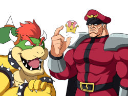 Rule 34 | 2boys, armlet, bowser, bracelet, capcom, crown, from side, gloves, hat, highres, horns, jewelry, m. bison, male focus, mario (series), military, military uniform, monster, multiple boys, muscular, new super mario bros. u deluxe, nintendo, open mouth, peaked cap, short hair, simple background, smile, spiked armlet, spiked bracelet, spikes, street fighter, street fighter ii (series), super crown, super smash bros., teeth, tina fate, uniform, white background, white hair