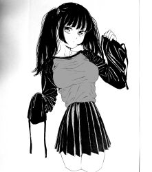 Rule 34 | 1girl, absurdres, bad id, bad pixiv id, black hair, black skirt, breasts, collarbone, dende (dndn222), facing viewer, greyscale, highres, large breasts, long hair, long sleeves, looking at viewer, monochrome, original, pleated skirt, scan, scan artifacts, skirt, sleeves past wrists, solo, standing, thighs, traditional media, twintails