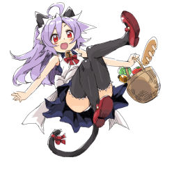 Rule 34 | 1girl, ahoge, animal ears, apron, basket, black thighhighs, blush, bread, cat ears, cat tail, cornet-san (angelo), flats, food, knees together feet apart, light purple hair, mary janes, open mouth, original, red eyes, ribbon, shoes, skirt, solo, tail, tail ornament, tail ribbon, thighhighs, whoosaku