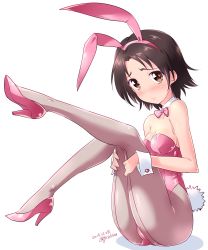 Rule 34 | 1girl, animal ears, blush, bow, bowtie, breasts, brown eyes, brown hair, cameltoe, cleavage, closed mouth, collar, commentary, dated, detached collar, fake animal ears, fake tail, frown, full body, girls und panzer, grey pantyhose, high heels, highres, kuzuryuu kennosuke, legs, legs up, leotard, looking at viewer, medium breasts, one-hour drawing challenge, pantyhose, parted bangs, pink bow, pink bowtie, pink footwear, pink leotard, playboy bunny, rabbit ears, rabbit tail, sawa azusa, shadow, short hair, simple background, sitting, solo, strapless, strapless leotard, tail, twitter username, white background, white collar, wing collar, wrist cuffs